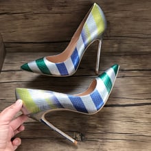 Multi Stripe Gradient Python Pumps Shiny Leather Spring Women Celebrity Single High Heels Pointed toe Low Cut Ladies Zapatos 2024 - buy cheap