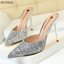 Star Style Bling Pointy Toe Fashion Slippers Women Summer New High Heels Shoes Sequined Cloth Shallow Ladies Sexy Party Slippers 2024 - buy cheap