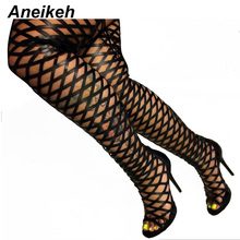 Aneikeh Thigh High Gladiator Sandals Boots Women Sexy Peep Toe Netted Cut-out Over Knee Gladiator Boots High Heel Sandal Boots 2024 - buy cheap