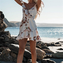 Vestido de verano para mujer 2019 vestido estampado de hombro Boho fiesta playa Mini vestido Sexy señoras sin mangas cuello en V Vacaciones vestido 2024 - compra barato