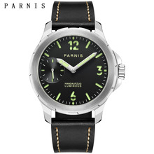 Reloj con correa de cuero para hombre, pulsera mecánica informal de 44mm, Parnis luminoso, bobinado a mano, esfera negra, carcasa de acero inoxidable con caja, nuevo 2024 - compra barato