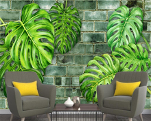 Papel de parede personalizado 3d, plantas nórdicas, folhas verdes, tijolo, pintado à mão, para plano de fundo da tv, sala de estar, quarto 2024 - compre barato