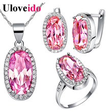 Uloveido Silver Color Pink Rhinestone Bridal Wedding Jewelry Sets Gifts for Women Earrings Ring Necklaces & Pendants Set T436 2024 - buy cheap