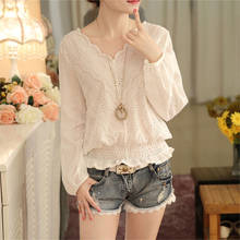 Fashion Women V-Neck Full Sleeve Sexy Hollow Out Lace Blouse Casual Solid Blouses Shirt Tops New 2024 - buy cheap