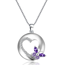   Purple Butterfly Hollow Out Heart Necklaces & Pendant for Women Wedding Engagement 925 sterling silver Necklace Jewelry 2024 - buy cheap