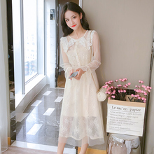 Splice Lace Dress Spring 2019 New Temperament Retro Stitching Mesh Dress Sweet Long Sleeve A-line Ruffled Women's Clothing 2024 - buy cheap