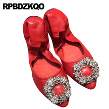 2021 Cowhide Genuine Leather Women Dress Shoes Red Party Diamond Rhinestone Flats China Crystal Large Size Wedding Pointed Toe 2024 - buy cheap