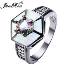 JUNXIN Female Male Bright AAA Zircon Ring Black Gold Filled Wedding Party Rainbow Fire Opal Finger Ring Valentine's Day Anillos 2024 - buy cheap