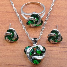 Conjuntos de jóias de casamento de zircônia de cristal verde estilo russo para as mulheres cor prata pingente colar e brincos conjunto de anel js0173 2024 - compre barato