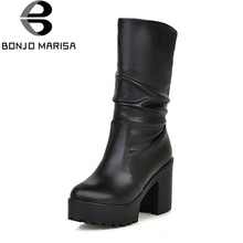 BONJOMARISA New Solid Square High Heels Round Toe Platform Shoes For Women Casual Winter Boots Female Large Size 34-46 2024 - buy cheap