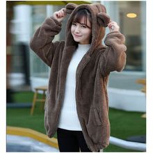 Women hoody Zipper Girl Winter Loose Fluffy Bear Ear Long Sleeve Sweatshirt Hooded Warm Coat Solid Fashion 2024 - buy cheap