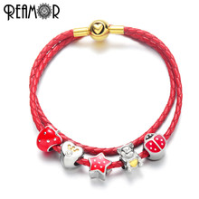 Pulseira feminina reamor, bracelete em couro legítimo vermelho com coroa e miçangas 2024 - compre barato