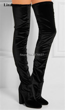 Alta qualidade moda feminina bota de veludo acima do joelho botas de salto alto grosso com faixa azul e preta bota 2024 - compre barato