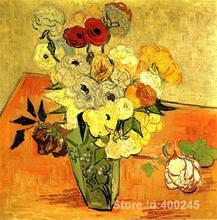 Vincent Van Gogh-jarrón japonés con rosas y Anemones, decoración para el hogar pintada a mano, arte de reproducción de aceite, alta calidad 2024 - compra barato