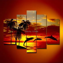 Free Shipping Hand Painted Modern Beautiful Dusk Scenery Dolphin Jumping in the Sea Sunset Fine Wall Art Oil Painting on Canvas 2024 - buy cheap