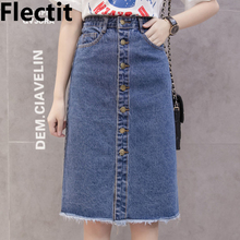 Flectit 2020 Button Front Midi Denim Skirt for Women Casual High Waist Fray Hem with Pocket Knee Length Jeans Skirt Female * 2024 - buy cheap
