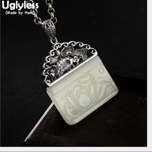 Uglyless Real Solid 925 Sterling Silver Handmade Ethnic Leaf Pendants for Women Nature Jade Lotus Necklaces NO Chain Square Gems 2024 - buy cheap