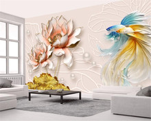 Beibehang Custom mural embossed lotus jewelry goldfish  background wall photo wallpaper papel de parede floral 3d wallpaper 2024 - buy cheap