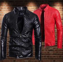 Loose motorcycle leather jacket men Rhombus pattern line Jacquard stereo clothes mens leather jackets casual coats stand collar 2024 - buy cheap