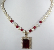 Natural Genuine 7-8MM Freshwater Pearl red jade bead Necklace+crystal Pendant 2024 - buy cheap