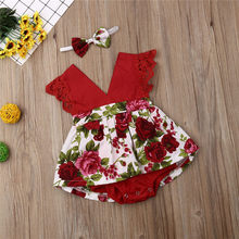 Emmababy bebê menina do laço vermelho floral bodysuits moda v pescoço 2 fotos bandana roupas meninas bodysuit 2024 - compre barato
