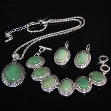 Hot Sale 2Sets Vintage Antique Tibetan Silver Oval Natural Green Stone Earrings Bracelet Necklace Women Jewelry Set A-792 2024 - buy cheap
