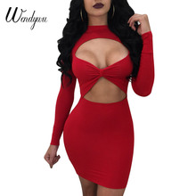 Wendywu Free Shipping New Spring 2017 Sexy Cleavage Long Sleeve Solid Red Bodycon Mini Dress 2024 - buy cheap