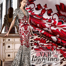 Vestido elástico estampa leopardo flores vermelhas, moda recém-chegado 100% cetim seda vestido roupas tecido atacado varejo 2024 - compre barato