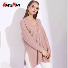 Garemay Long Pink Sweater Women Pullover Knitted Ladies Pullover Autumn 2020 Womens Split Thin V Neck Sweater Female Long Sleeve 2024 - buy cheap