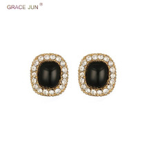 GRACE JUN Luxury Fashion Rhinestone Simulated Pearl Geometric Shape Clip on Earrings No Pierced for Women Charm Ear Clip Bijoux 2024 - buy cheap