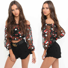 Sexy Mesh Embroidery Off-shoulder Short Top Slash Neck Blouses Summer Spring Fall Women Floral Embroidery Long Sleeve Tee Shirts 2024 - buy cheap