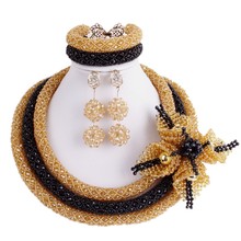 Dudo-Conjunto de joyería nigeriana para mujer, de oro negro, con cuentas de cristal, collar de 48 CM, flores grandes hechas a mano, 2019 2024 - compra barato