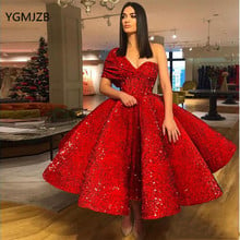 Red Sequined Evening Dresses 2018 Puffy Ball Gown Prom Dress One Shoulder Tea Length Saudi Arabic Formal Party Evening Gown 2024 - buy cheap