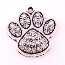 New Arrival 20pcs a lot antique silver plated zinc studded with sparkling crystals Paw Print clear Crystal Pendant 2024 - buy cheap