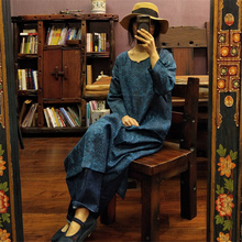 Johnature-vestido Floral azul para mujer, ramio de manga larga con cuello en V, ropa holgada china de alta calidad, novedad de primavera 2021 2024 - compra barato