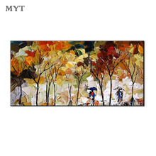 Arte de pared de gran tamaño hecho a mano, Color abstracto, persona bajo los árboles de otoño, pintura al óleo, decoración de pared, pintura, cuadro de pared sin marco 2024 - compra barato