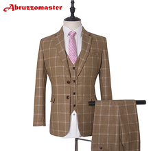 khaki Dinner Suit Single Breasted Wedding suit Tailor Suit Blazer Plaid Suit 3Psc Groom Tuxedos(Jacket+pants+vest) 2024 - buy cheap