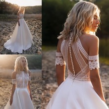 2021 богемное свадебное платье es драгоценный камень кружевные Сатиновые Свадебные платья с пуговицами на спине и трапециевидные пляжные свадебное платье Vestido De Noiva 2024 - купить недорого