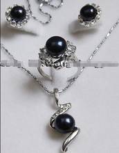 Genuine Black Akoya Cultured pearl Earrings /Ring / Necklace Pendant Set AAA 2024 - buy cheap