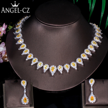 ANGELCZ Shining CZ Micro Pave White Gold Color Yellow Crystal Stone Tear Drop Earrings Necklace Set Bridal Party Jewelry AJ145 2024 - buy cheap
