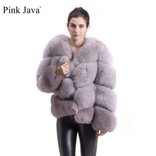 Jaqueta de pele de raposa real feminina, casaco rosa java qc1818 espesso e felpudo de manga comprida com bloqueio de cor de pele de luxo, novidade 2024 - compre barato
