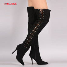 Flock Women Over The Knee Boots Pointed Toe Side Cross-Tied 10cm Stiletto High Heels Shoes Woman Winter Fashion Thigh High Boots 2024 - buy cheap