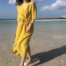Uego Korean design Summer Beach Casual Dress Thin Light Cotton Linen Sashes Loose Women Midi Dress 2021 New Prairie Chic Dress 2024 - buy cheap