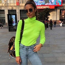 2019 New Autumn Winter Neon Green Color Ribbed T Shirt Women Long Sleeve Turtleneck Tshirt Fashion Knitted Tops Tee Femme 2024 - buy cheap