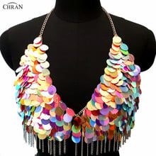 Chran Rainblow Tassel Sequins Crop Tops Harness Necklace Club Party Sexy Vintage Mermaid Chain Bra Festival Wear Jewelry 2024 - buy cheap