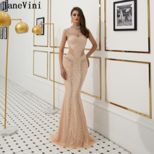 JaneVini Luxo Completa Diamante Sereia Longos Vestidos de Noite 2019 Gola Alta Sem Mangas Brilhante Beading Dubai Sexy Formais Vestidos de Festa 2024 - compre barato