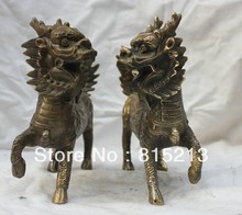 bi00253 6.4" Chinese Folk Copper Bronze Money Fengshui Kirin Pair Lucky Statue 2024 - buy cheap