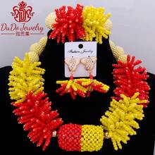 2017 комплект ювелирных изделий из Дубаи, желтый и красный, комплект ювелирных изделий в нигерийском стиле, брендовые шарики для невесты, ожерелье, набор аксессуаров 2024 - купить недорого