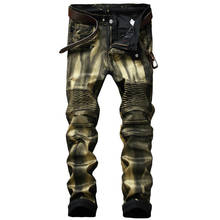 Мужские байкерские брюки newsoo, черные облегающие джинсы золотого и серебряного цвета в стиле ретро, прямые вымытые длинные мотоциклетные брюки 2024 - купить недорого