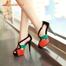 KARINLUNA Brand New 2019 Thin High Heels Shoes Flock Buckle Strap Platform Shoes Woman Casual Party Sexy Summer Sandals 2024 - buy cheap